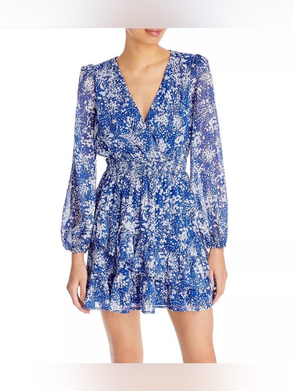 Aqua Floral Print Ruffled Blue White Long Sleeve Smocked Mini Dress Size M